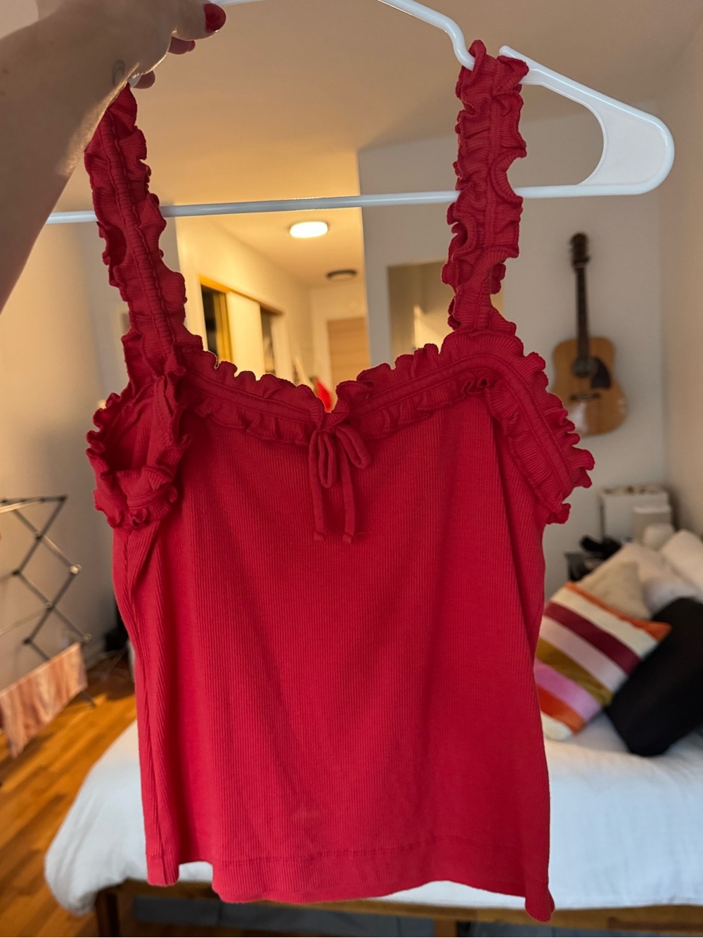 Maeve Red Ruffle-Trim Ribbed Tie-Front Cami